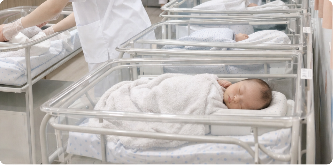 Newborn baby resting in a nursery cot
