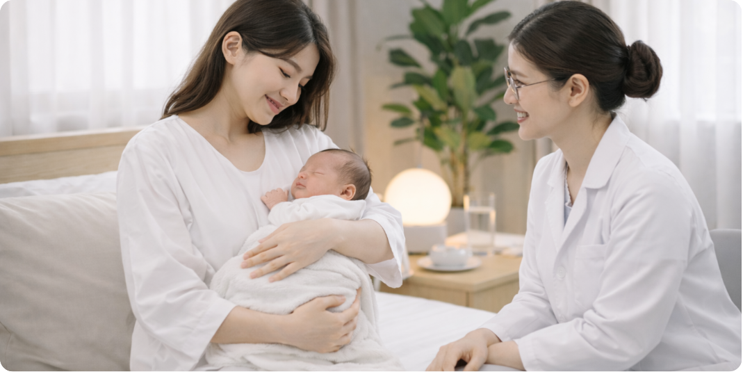 Mother holding baby while consulting with a doctor